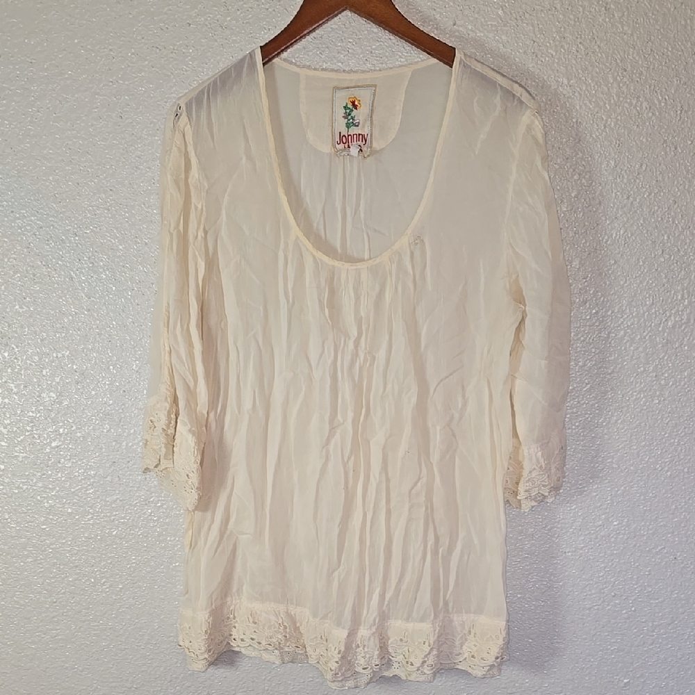 Johnny Was Cream Lace Trim Blouse